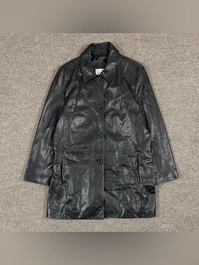 Worthington Black Lambskin Leather Coat Women’s Size XL Button Front Mid Length